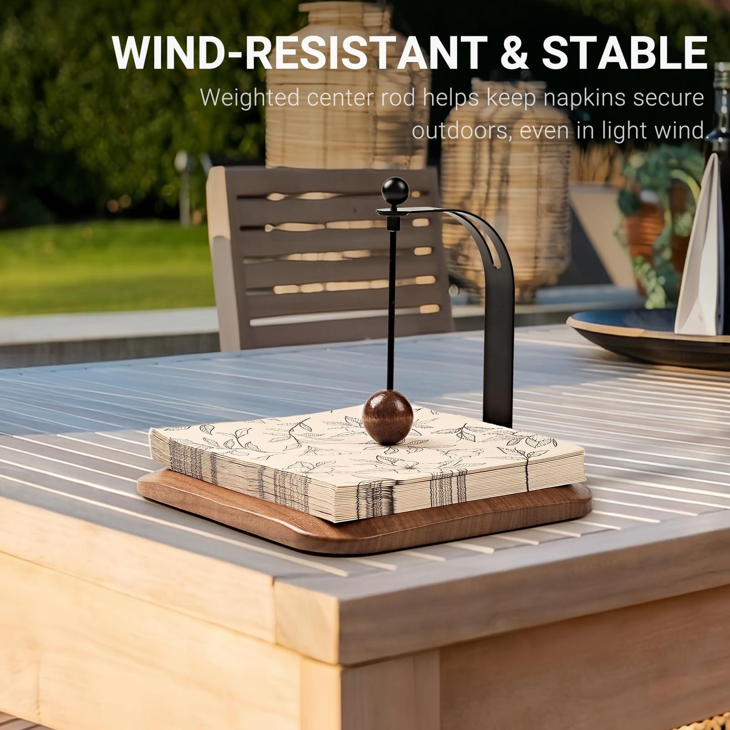 Modern Table Napkin Holder in Solid Black Walnut Wood, Large Decorative Design with Wind-Resistant Feature, Fits Standard 6.5" Napkins for Kitchen, Dining, or Outdoor Use