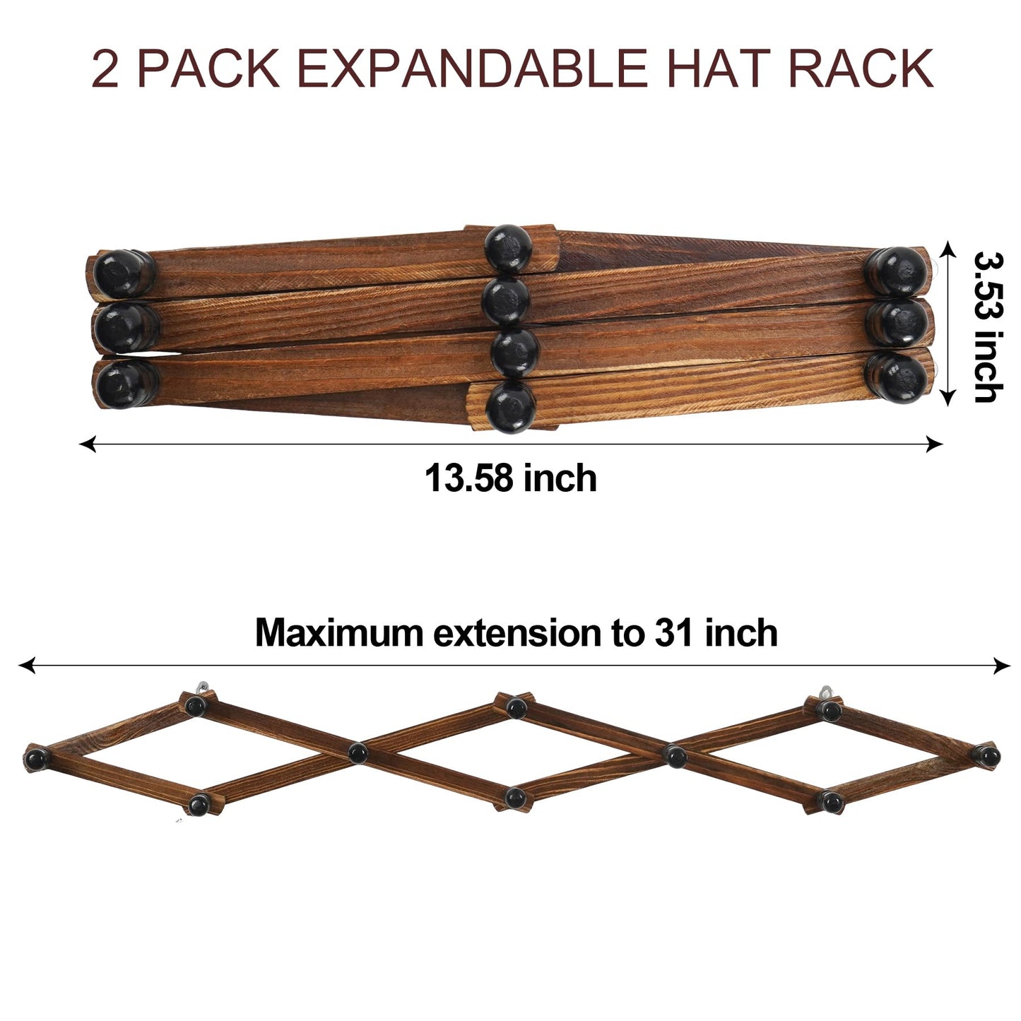 WGFKVAS 2 Pack Accordion Hat Rack for Wall - Expandable Coat Rack & Wall Mounted Hat Holder - Wooden Wall Hanger with 10 Peg Hooks for Coats, Baseball Caps, Keys & Mugs