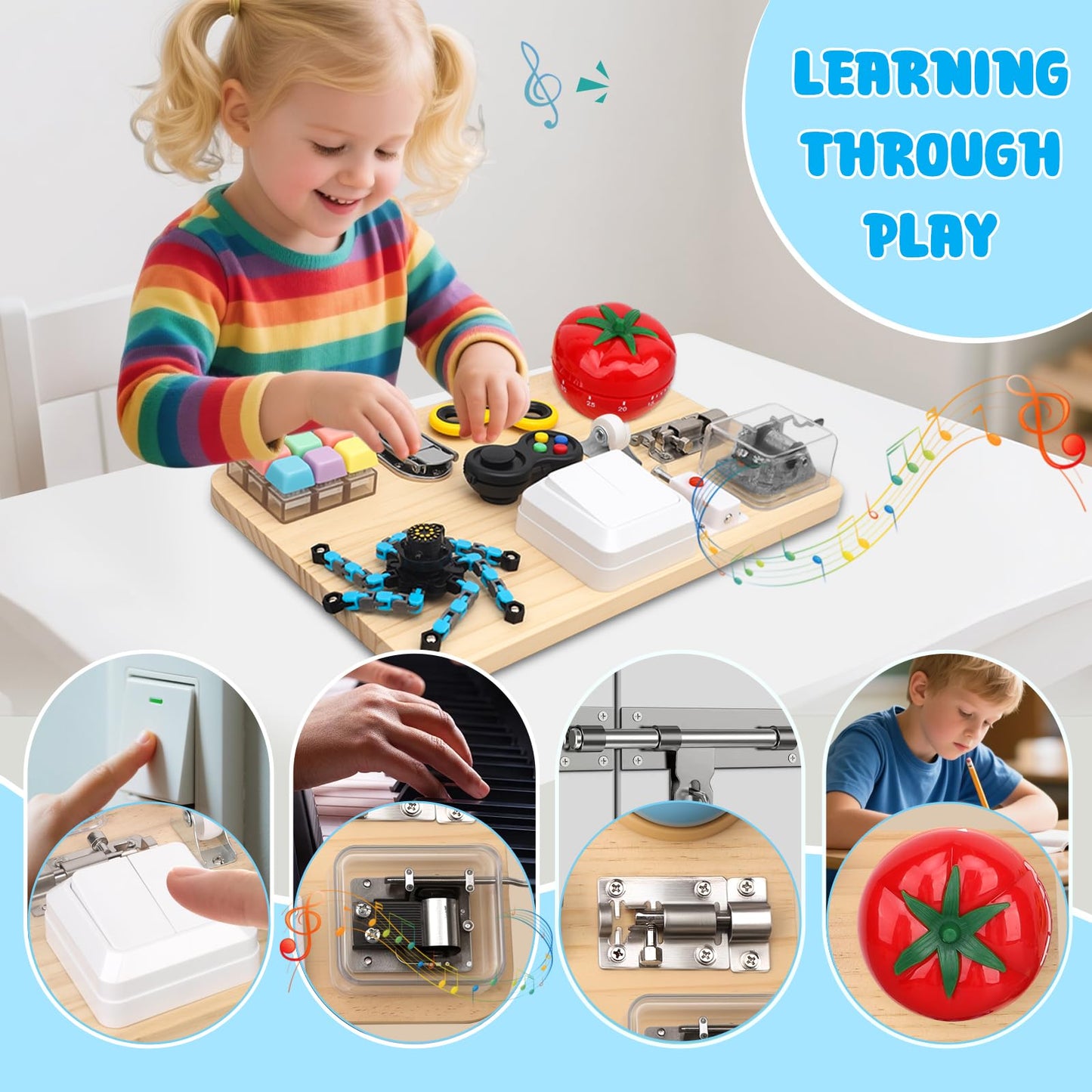 Wooden Busy Board Fidget Pad for Kids Adults, Musical Fidget Spinner for Stress Relief, 11 in 1 Sensory Fidget Toys for Travel, Preschool Learning Activities Fine Moto