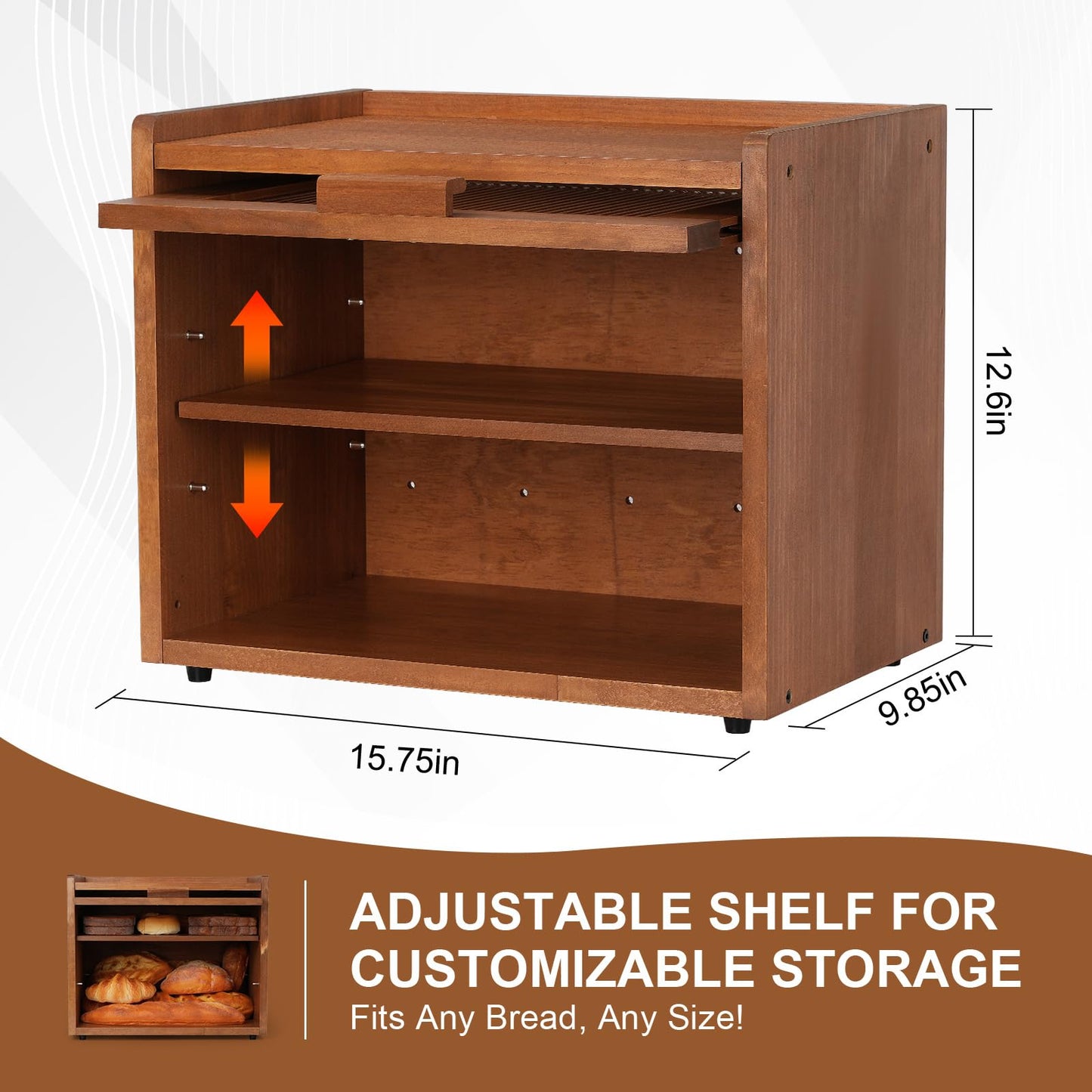 OCSERMIR Wooden Bread Box for Kitchen Countertop, 2 Tier Bread Storage Container with Acrylic Door, Adjustable Shelf, Ventilation Holes, Brown