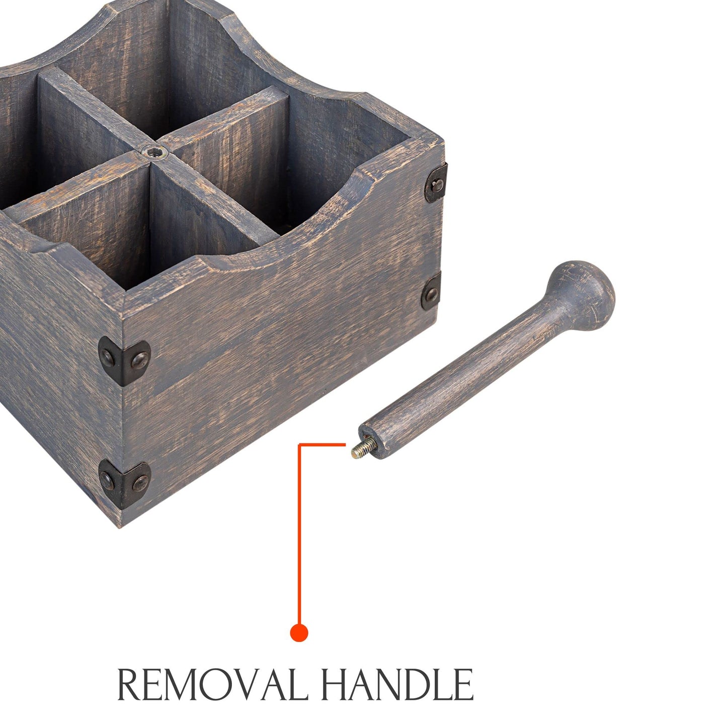 GoCraft Square Wooden Flatware & Silverware Caddy - 4 Divided Compartments, Grey Washed Mango Wood Utensil Holder with Detachable Handle Rod, Stylish Kitchen Storage Organizer for Home & Dining