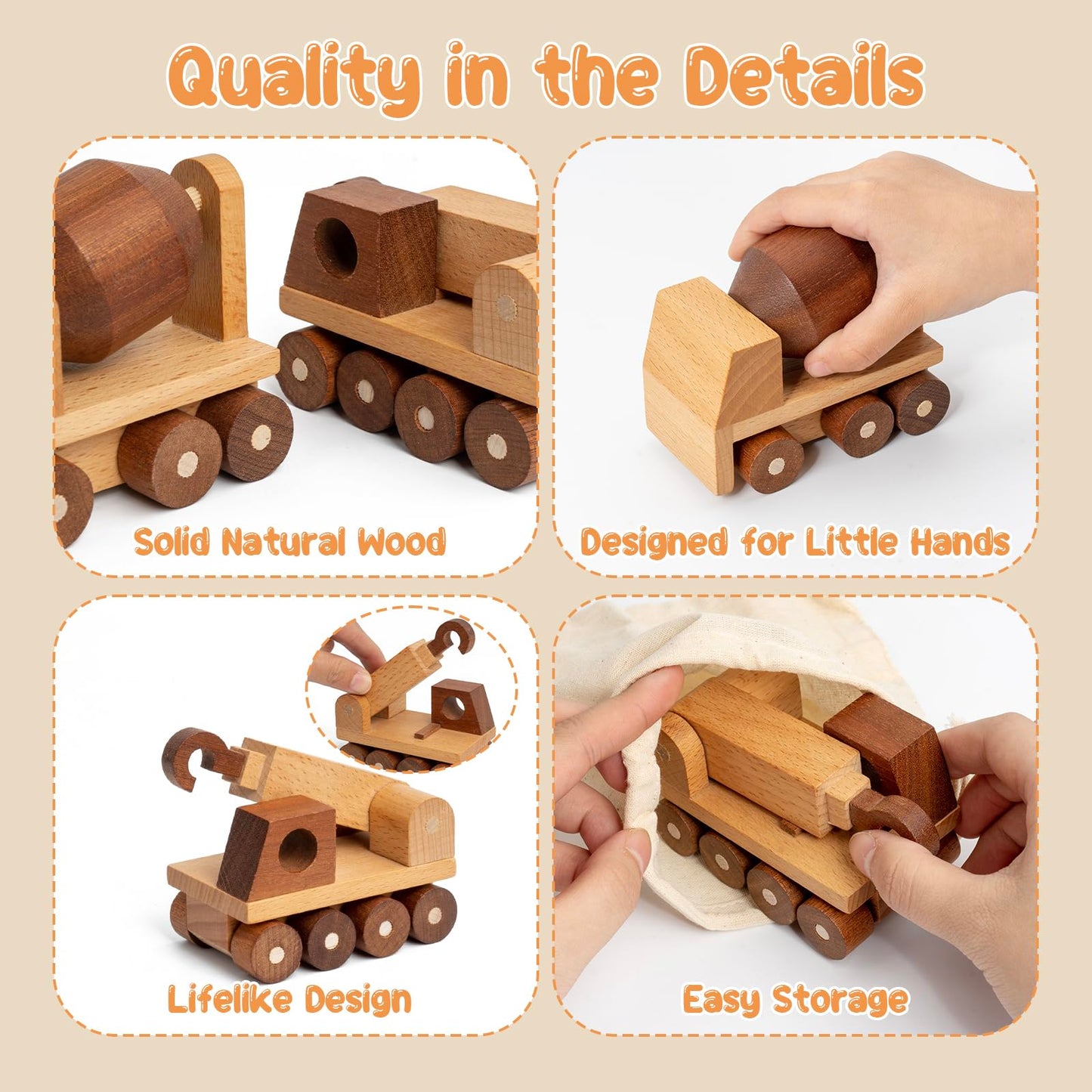 kienvy Wooden Toy Cars for 3 Year Old Boys & Girls - Construction Vehicles Set Push Toys for Toddlers, Wood Montessori Car with Rolling Wheels, Natural Wood Toys (Crane & Concrete Mixer Truck)