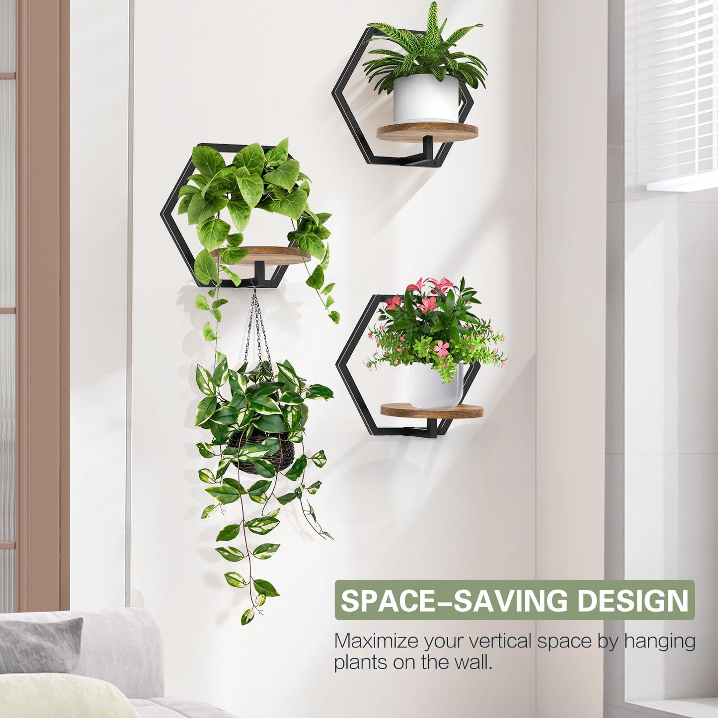 JOPBENG 3 Packs Wall Planters for Indoor Plants, 7.9inch Metal Plant Holder Hanger Wall Decor, Mounted Hanging Window Shelves Outdoor Rack (Black Wooden Base)