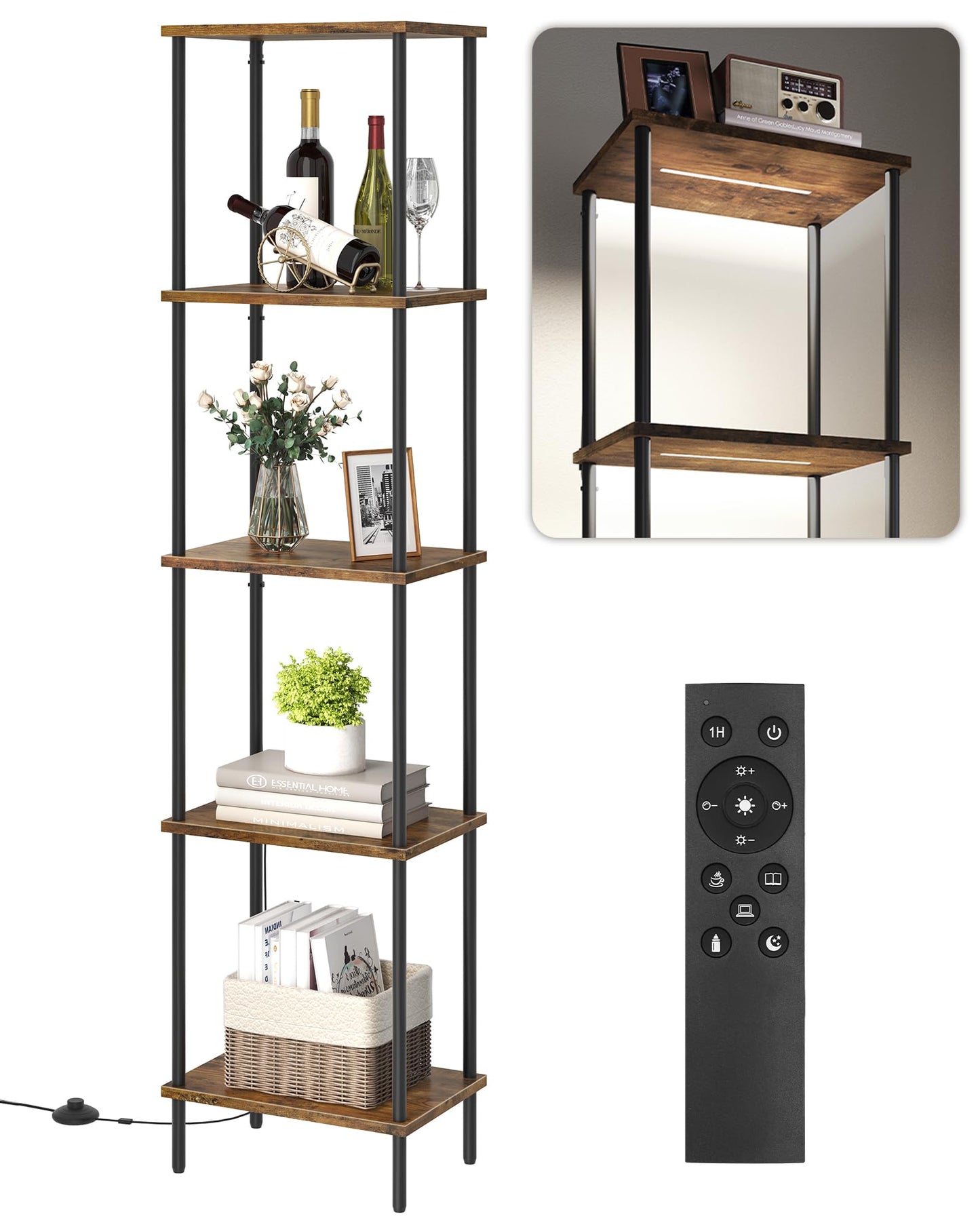 GOEBLESON Display Shelf with Light, 5-Tier Modern Shelf Lamp, Corner Floor Lamp with Shelves, Dimmable LED Floor Lamp for Living Room with Remote, 3CCT, Timer, Wooden Corner Shelf Lamp, F52LD05