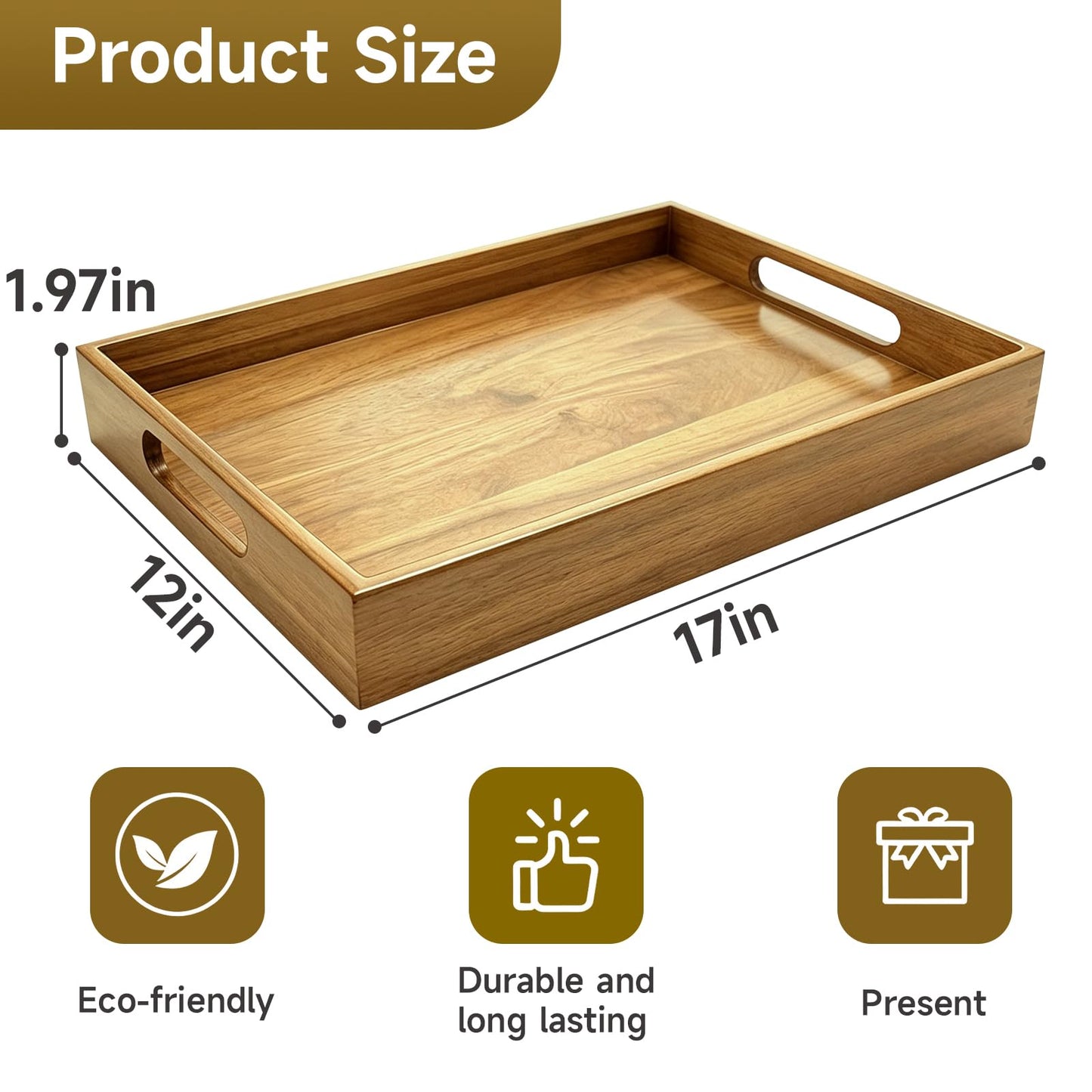 Acacia Wood Serving Tray with Handles, 17 x 12 Inch Large Wooden Tray for Food & Drinks, Coffee Table, Ottoman, Breakfast in Bed – Includes Free Leather Mat