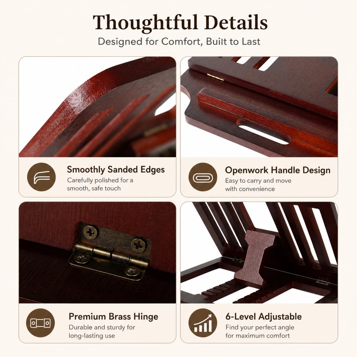 XIKEMADI Bamboo Foldable Laptop Stand Holder, 6-Level Adjustable Ergonomic Notebook Riser with Heat Dissipation for 10-17 Inch Laptops, MacBook, Tablet