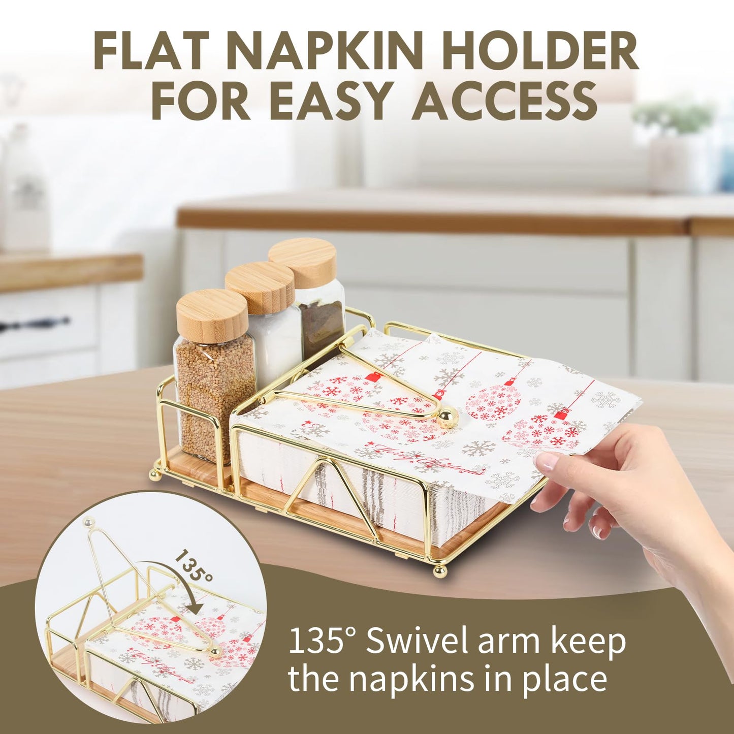 4 Piece Set Metal Napkin Holder with Salt and Pepper Shakers,Wooden Base,Modern Flat Gold Napkin Holder for Table,for Kitchen Table Decor,Cocktail,Bathroom,Party(Gold)