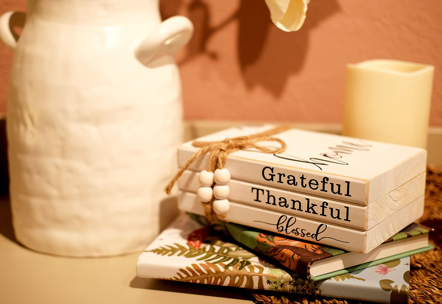 LIVDUCOT Wooden Farmhouse Decor Faux Book Stack (Set of 3 for Coffee Tables and Shelves) | Grateful, Thankful, Blessed Home Sign, 5.5' x 7' x 2.5'