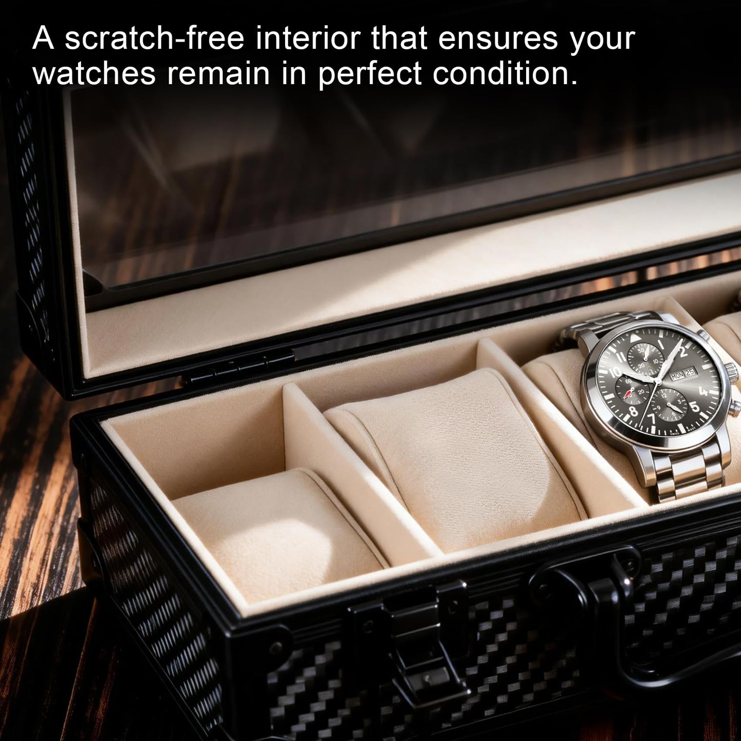 DOBEN Watch Box for Men, Carbon Fiber Hard Watch Case with Plush Interior, 5-Slot Storage Watch Organizer, Luxury Gift Box for Collectors