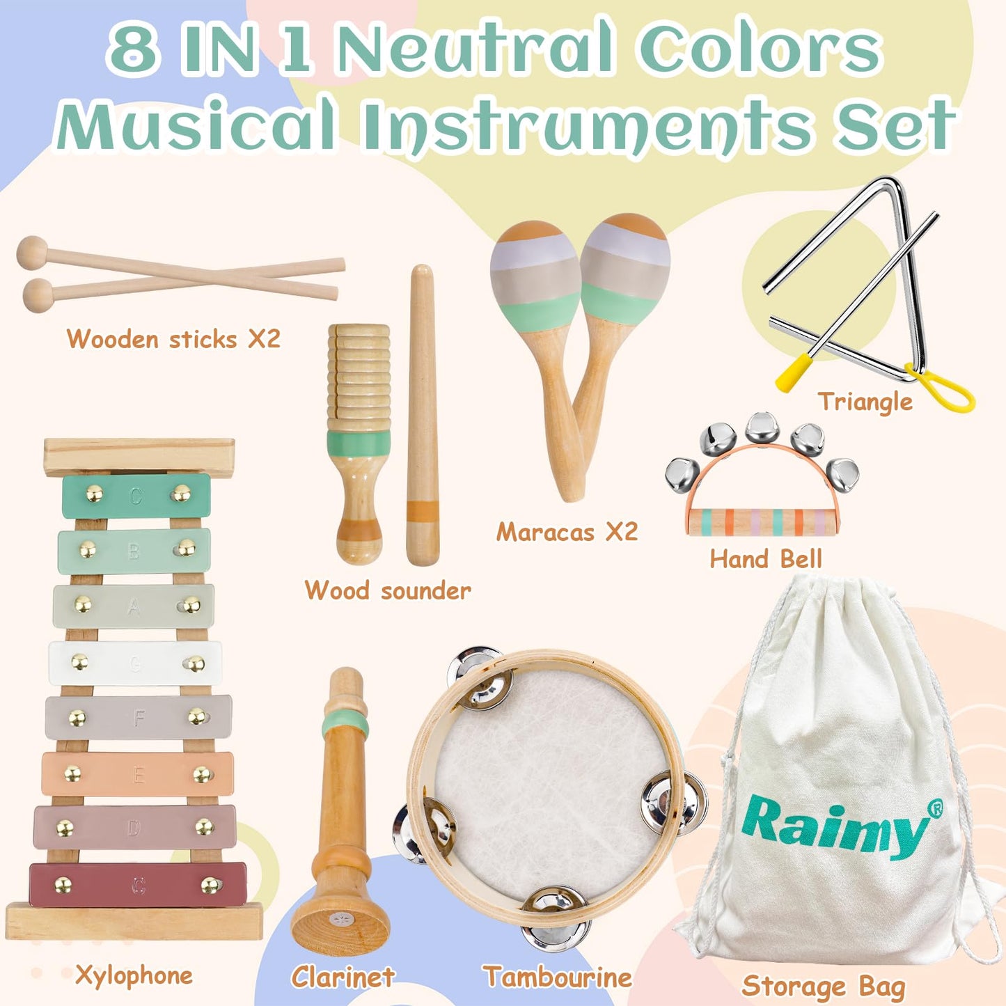 Raimy Kids Musical Instruments Set, Neutral Colors Wooden Montessori Toys