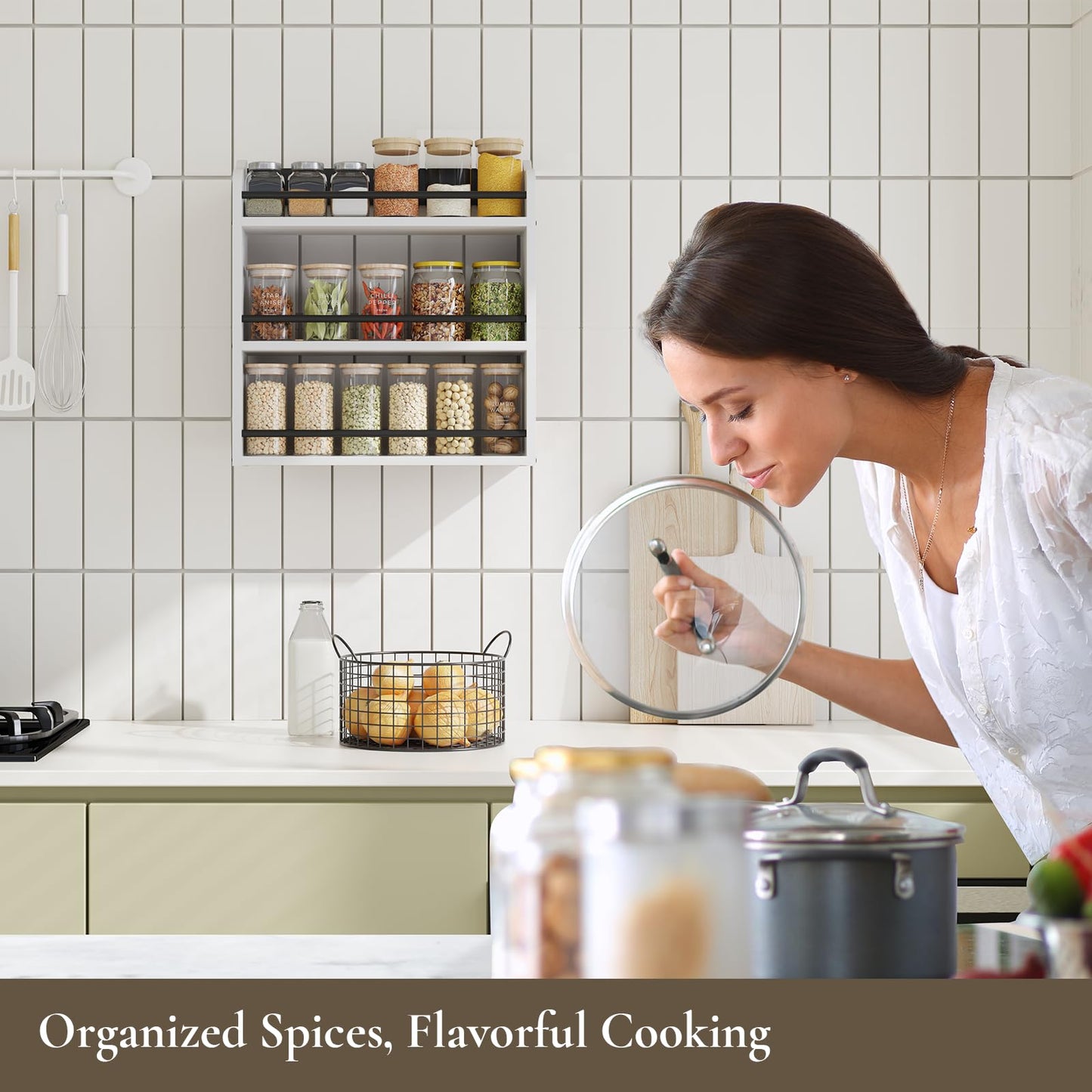 BCOZLUX 3 Tier Wooden Spice Rack, Seasoning Jars Rack Shelf Spice Organizer for Countertop or Wall Mount, Vertical Spice Holder for Kitchen Counter, Cabinet, Pantry, White