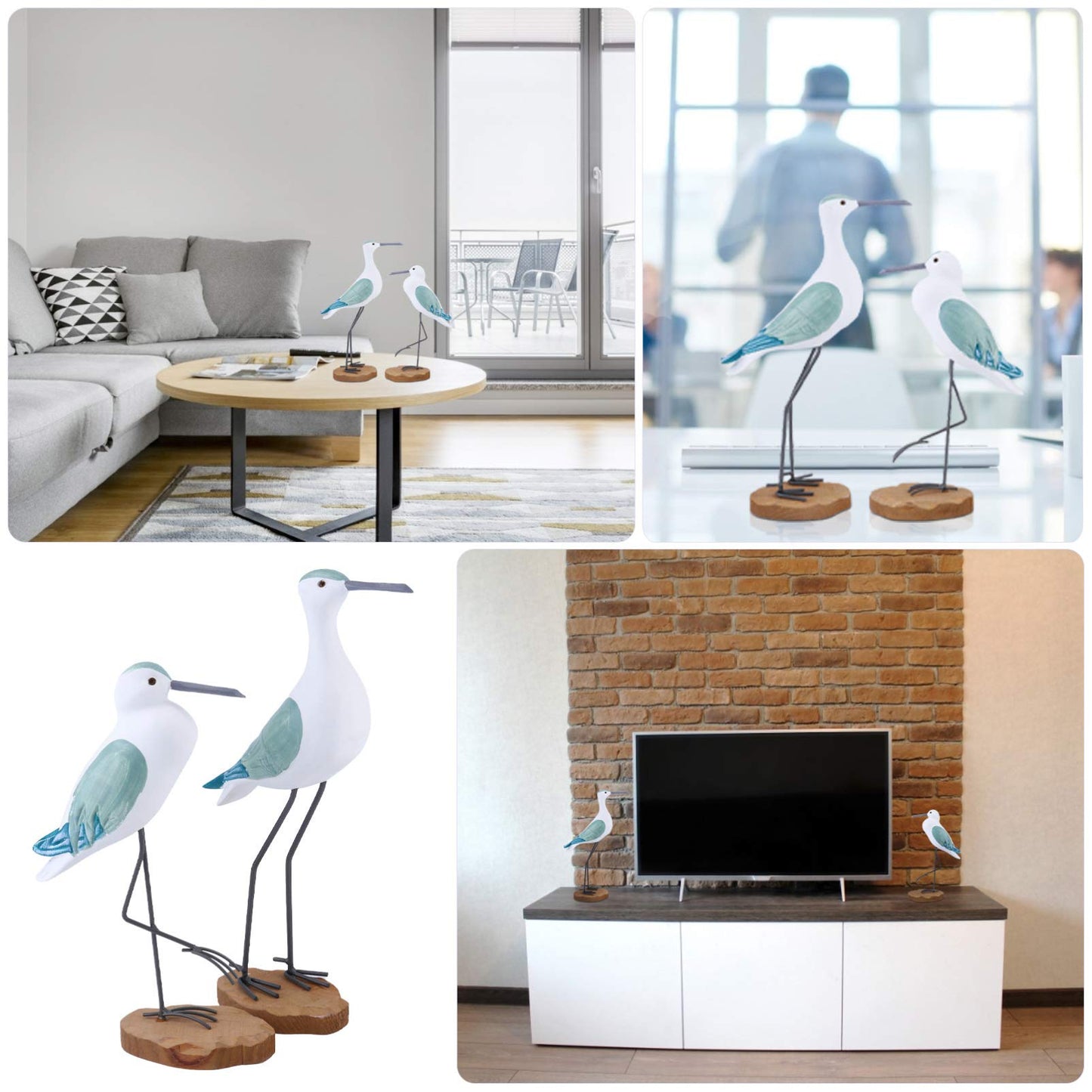 Sewroro 2pcs Wooden Seagull Statues, Wooden Seagull Figurine Bird Statues Simulation Sea Bird Figurines for Home Table Centerpiece