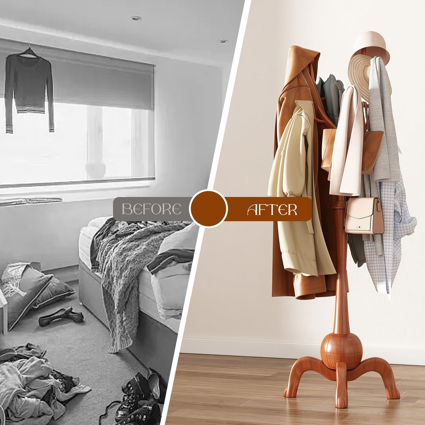 GAMNOF Wood Freestanding Coat Rack with 8 Hooks Coat Tree Standing,Brown