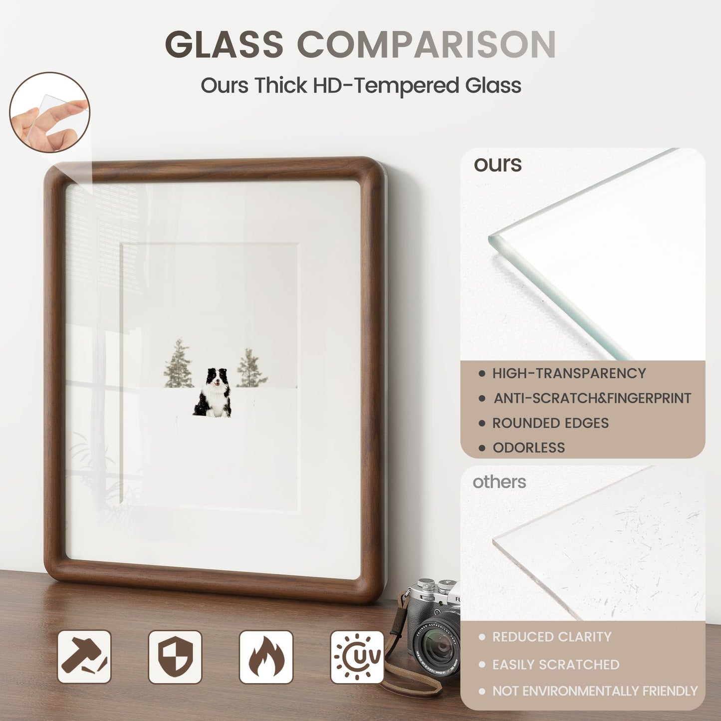 Venusmiles 8x10 Picture Frame, USA-Sourced Natural Walnut Wood Photo Frame with Tempered Glass, Handcrafted Rounded Corner 8 x 10 Wooden Frame Matted to 5x7 Photo, Wall or Tabletop Display