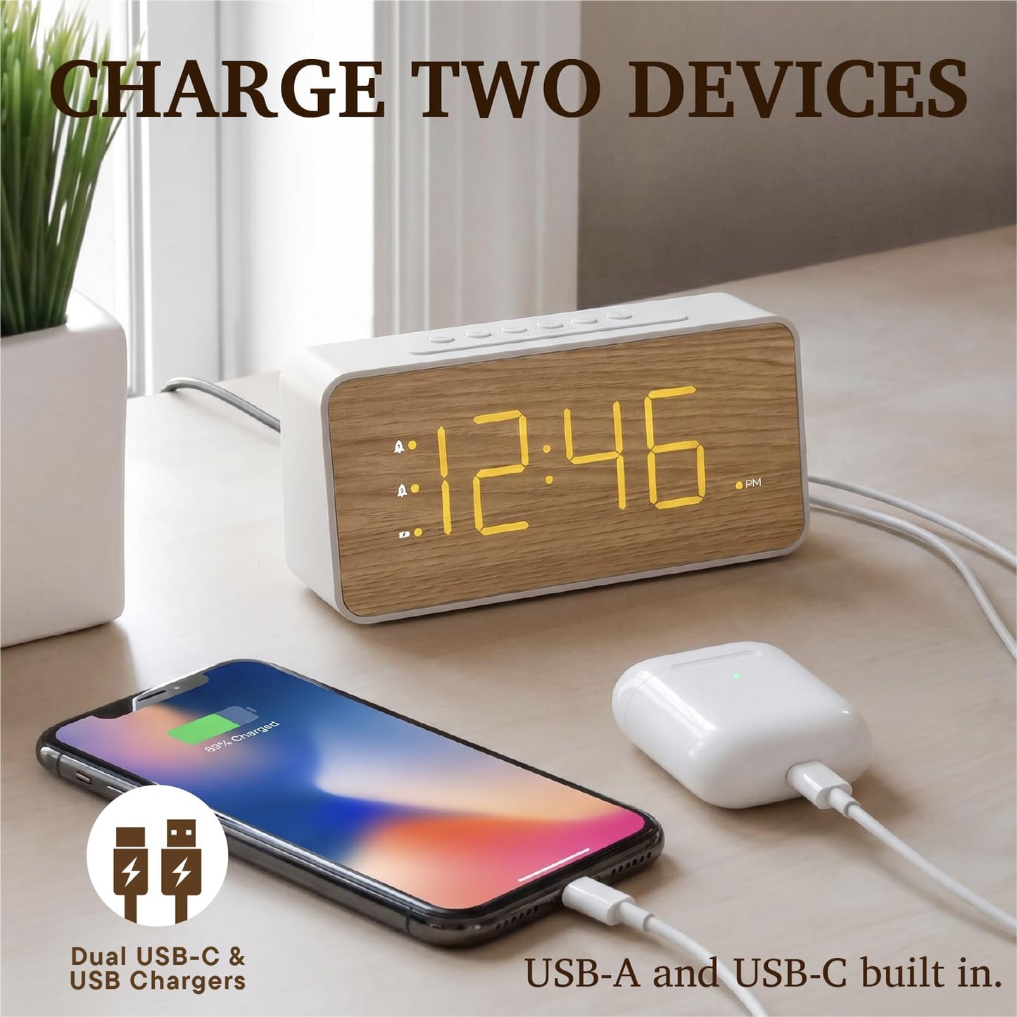 Lumoday Wooden Digital Alarm Clock for Bedroom, Large Display, 100dB Alarm