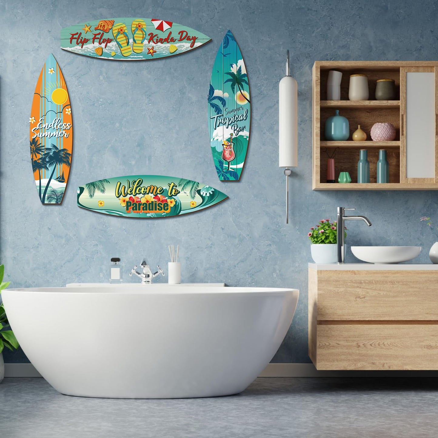Tatuo 4 Pcs Surfboard Decor Hawaiian Wooden Beach Wall Decor Tiki Tropical Bar Decorations Surfboard Wall Hanging Sign Gifts for Home Aloha Birthday Party(Summer,15.75 x 4.41 x 0.2 Inch)