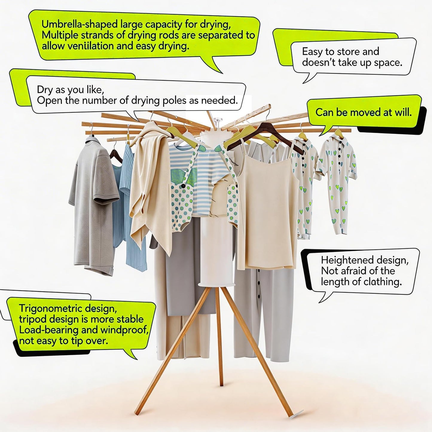 AZHZOLSK Clothes Drying Rack Tripod, Floor Standing Laundry Drying Rack, Portable & Foldable with 16 Wooden Poles Space-Saving Drying Rack for Laundry, Retractable Collapsible for Balcony Bedroom