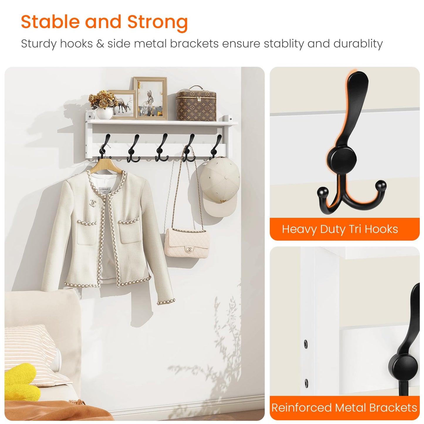 Homode Wall Shelf with Hooks, 24 Inch Coat Rack with Tri Hooks, Farmhouse Entryway Floating Coat Hanger with Storage for Bathroom, Entry Way, Mudroom, White