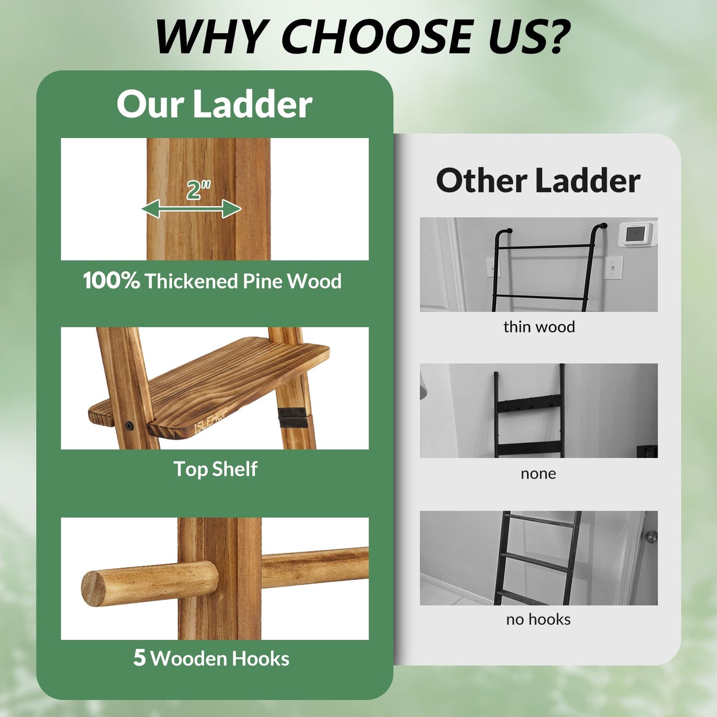 ISLEHOP 67" Wooden Blanket Ladder with Shelf and Hooks, 6-Tier Blanket Ladder for Living Room, Wall-Leaning Towel Ladder and Quilt Rack Storage, Farmhouse Decor Ladder for Display