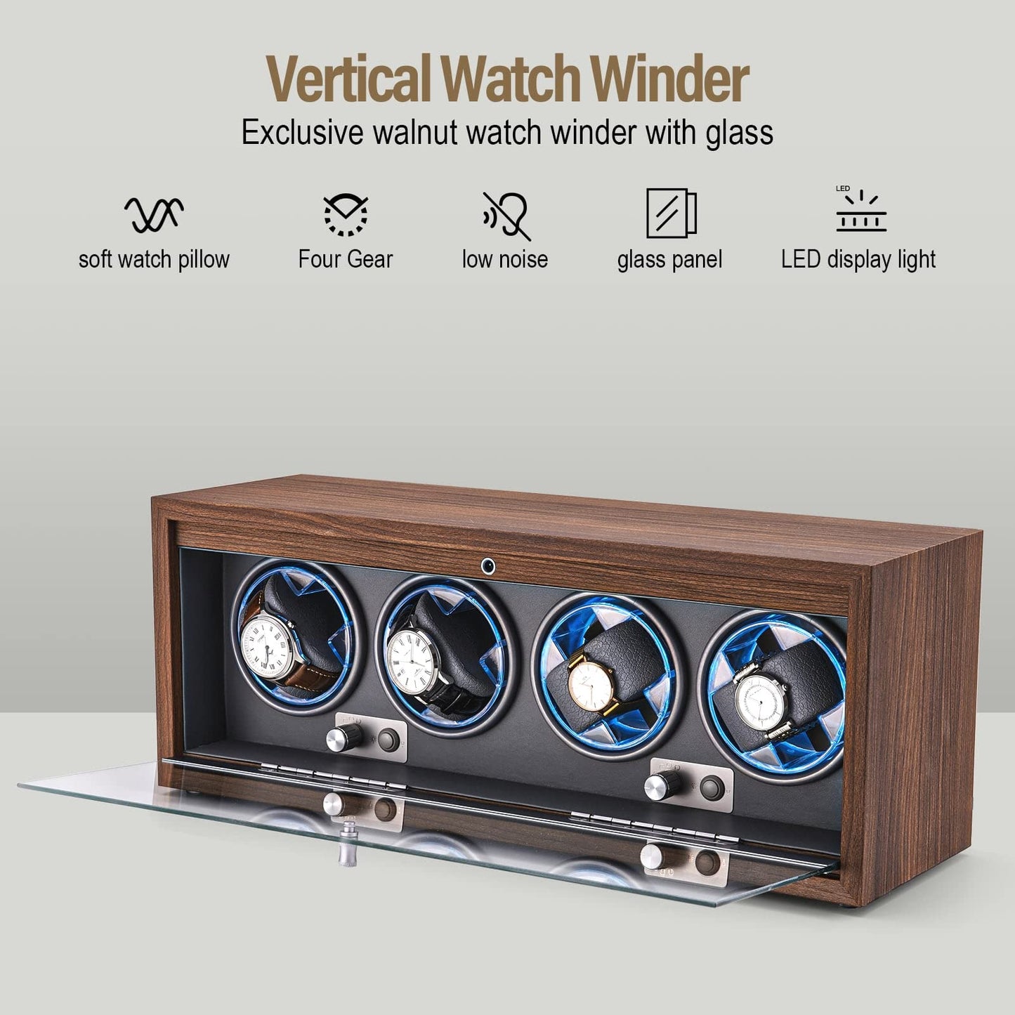 LALAHOO Watch Winder for Automatic Watches, Ultra Quiet Motor for 4 Watches with LED Lights, Automatic Watch Winder with 4 Rotation Modes