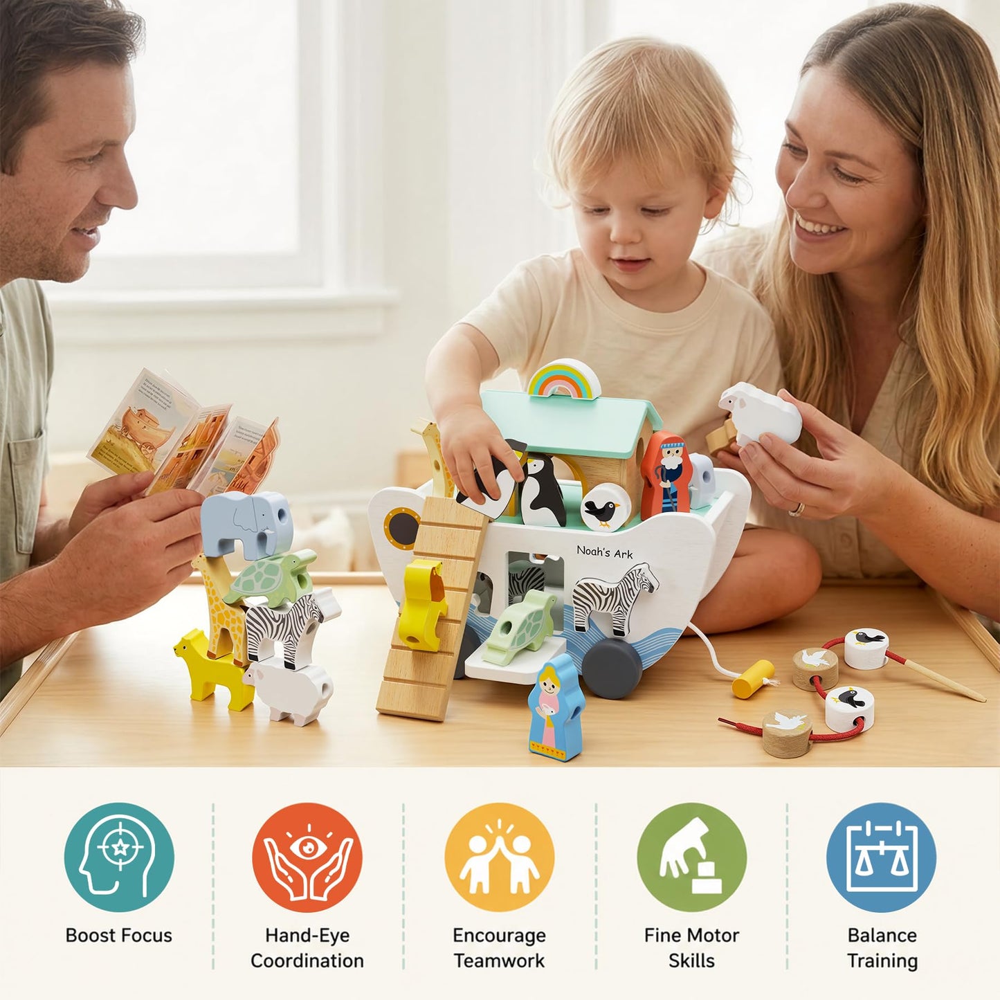 HASHMUST Wooden Noah's Ark Toy for 1 Year Old Baby Boy and Girl Gift - Pull Along Toddler Montessori Toy with Animal Shape Sorter Stacker for 1-3 Christmas Birthday Preschool Baptism Gift
