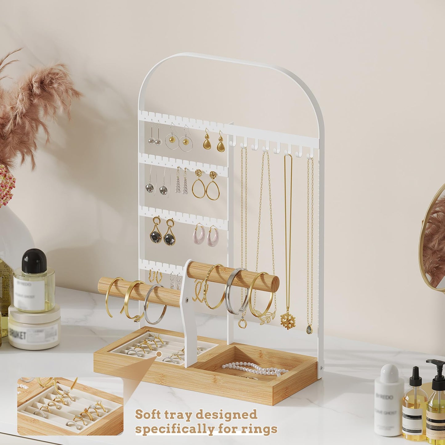 BMOSU Jewelry Organizer Stand with Velvet Ring Holder 2 Bracelet Holder Display 4 Tier Jewelry Rack with 8 Necklace Hooks and 48 Earring Holes Organizer Storage Wooden Box White