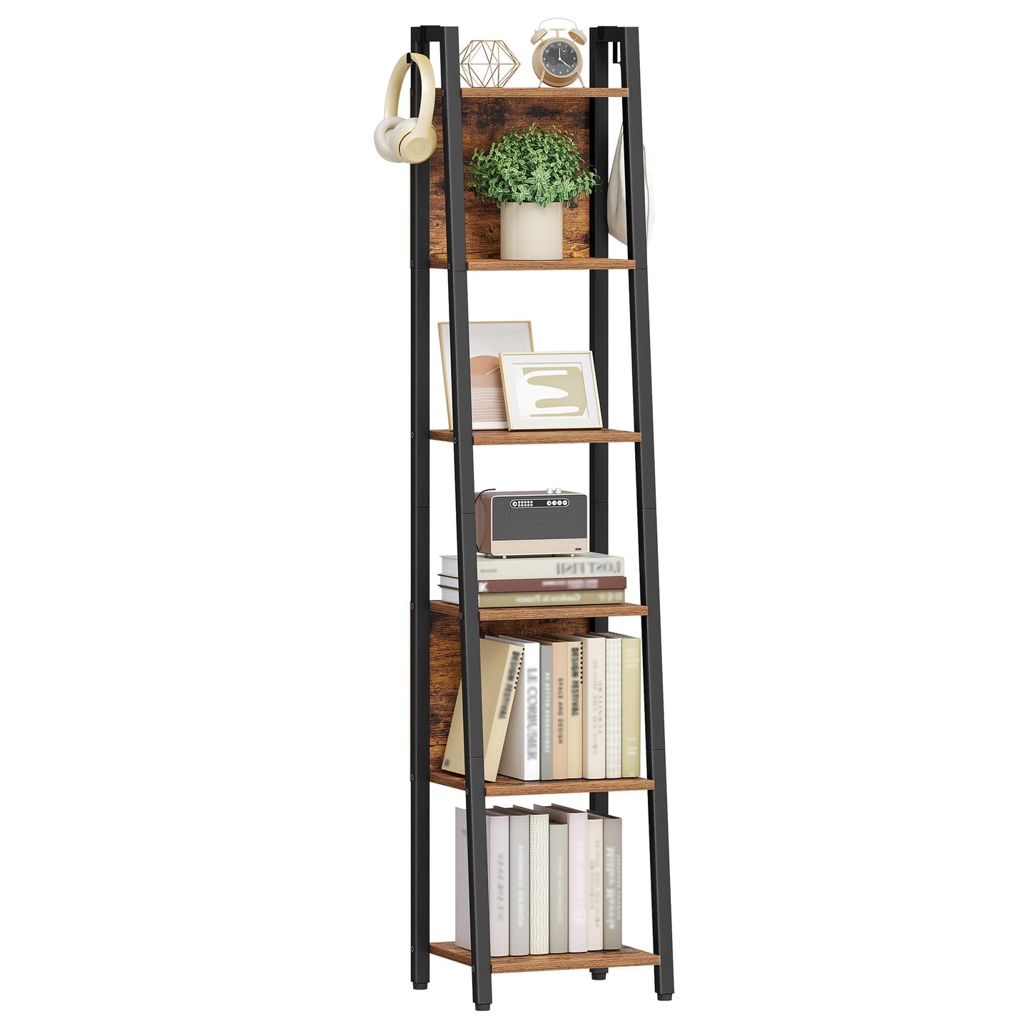 Hzuaneri Ladder Shelf, 6-Tier Narrow Bookshelf with 2 Back Panels, Industrial Ladder Shelf with 2 Hooks, for Home Office, Living Room and Bedroom, 12.2" D x 12.2" W x 63" H, Rustic Brown BC31601B