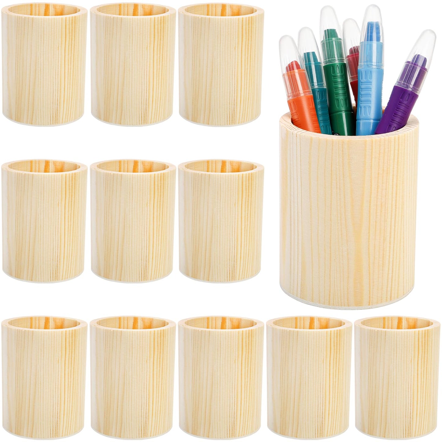 Yopay 12 Pack Wood Pen Holder, 4 Inch Round Pencil Holder, Unfinished Wooden Vase, Desk Organizer Cups for Makeup Brush, Homemade DIY Crafts, Home School Office Supplies, Wedding Centerpieces Decor