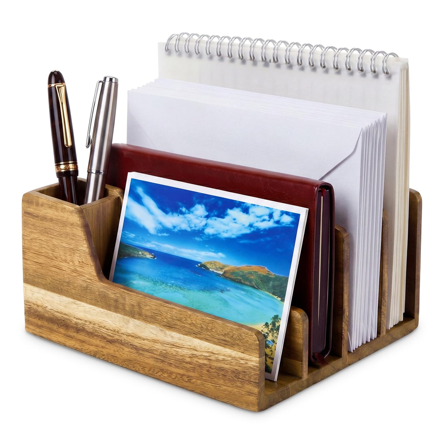 Novabright Acacia Wood Mail Organizer with Pen Holder, 5 Slot Desk File Organizer, Wooden Letter Sorter for Desk, Compact Desktop Document Holder for Home Office Storage