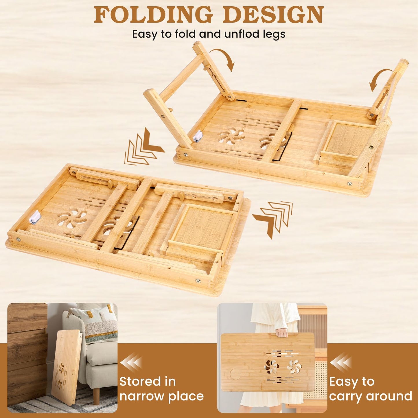 Bambition Bamboo Laptop Desk for Bed, Adjustable Height and Angle, Foldable Lap Desk with Cup Holder and Drawer, Portable Bed Table Tray for Writing Reading Drawing or Breakfast