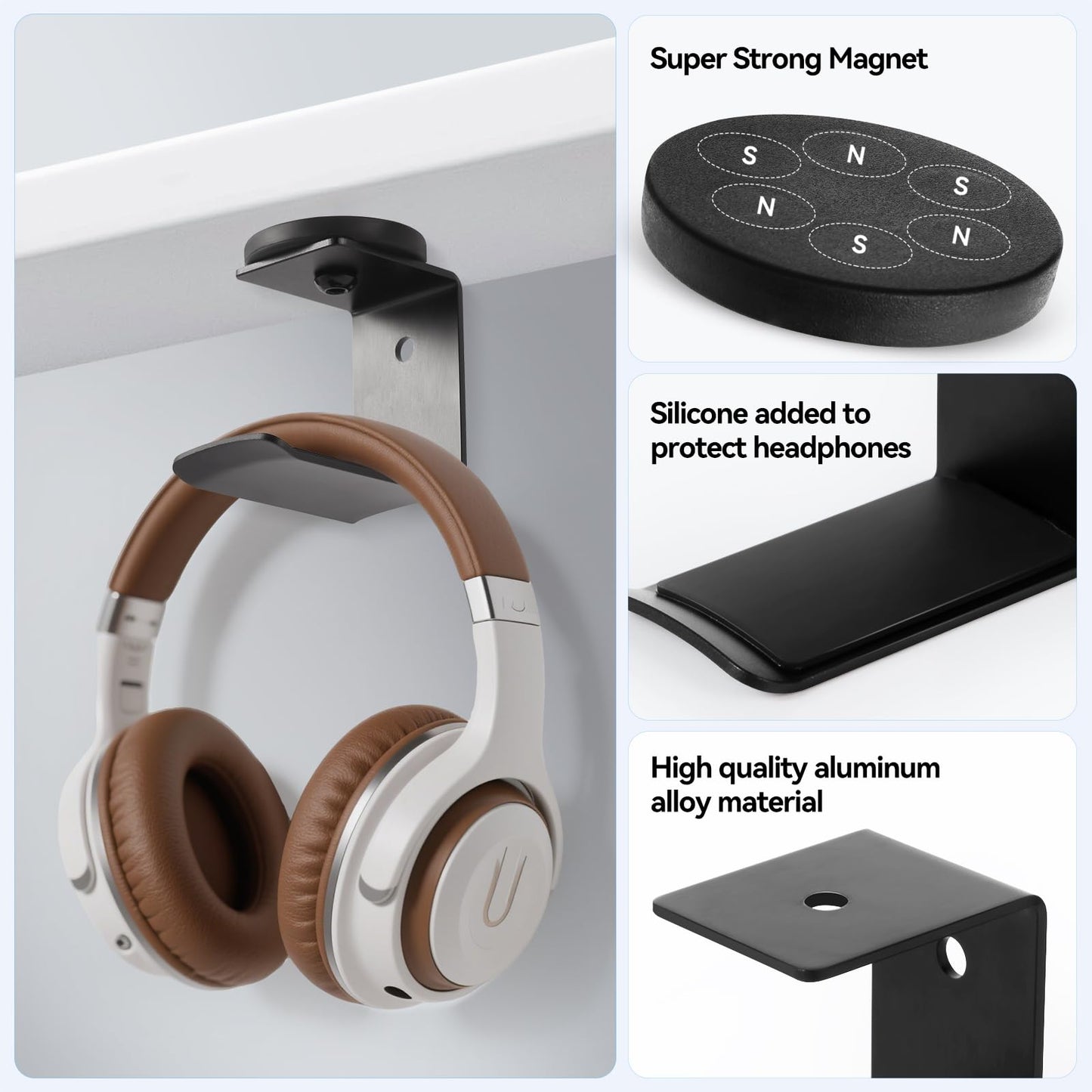 Bonsture Magnetic Headphone Holder, Headset Hooks, Aluminum Headphone Hanger for Desk & Table, Headphone Mount Stand with Rubber Pad, Compatible with All Gaming Headsets (Black)