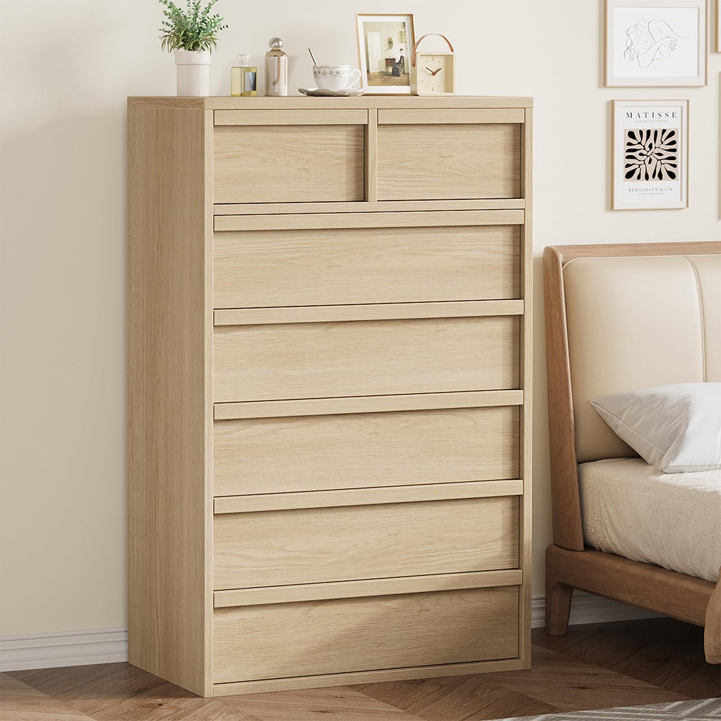Garvee 7 Dresser for Bedroom, 46.8" Tall Dresser, Freestanding Vertical Drawer with Storage, Wooden Closet Chest Storage for Living Room, Hallway, Entryway, Natural Oak