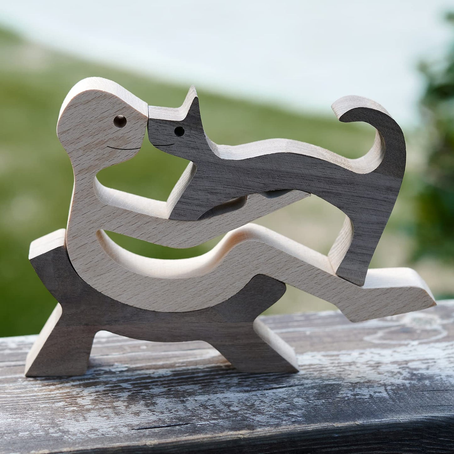 KINGNOW Animal Decor Wooden Statue Man and Cat Figurines Decor Carved Wood Decorative Sculpture