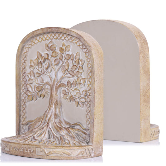 Tree of Life Bookends,Heavy Duty L-Shaped Resin Book Ends,2 Non-Skid Heavy Bookends for Shelves/Desktop/Bookshelf Decor,Celtic Mythology Sculpture,Vintage Accessories,Housewarming Gift (Faux Wooden)