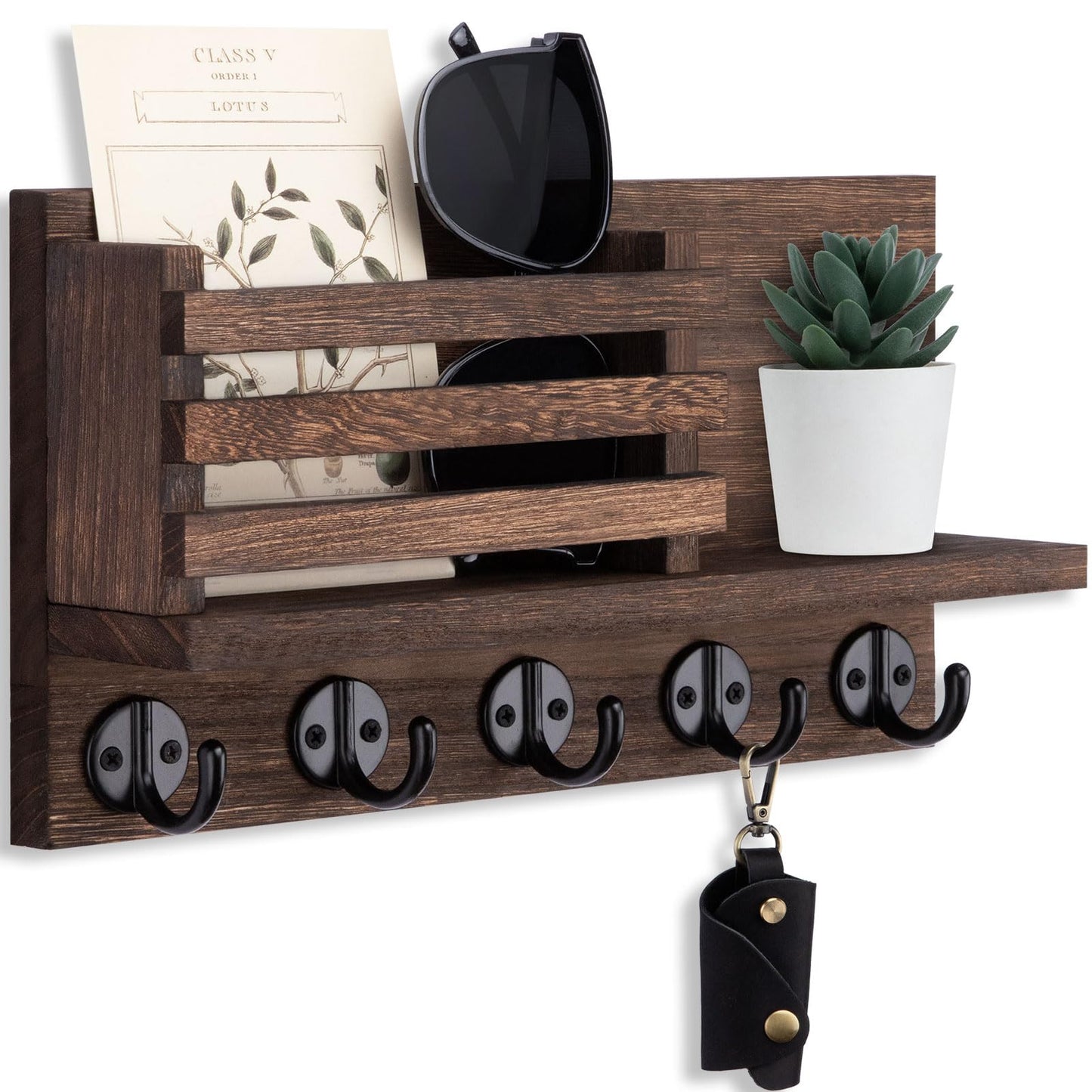 Lwenki Key Holder for Wall – Decorative Wooden Mail Holder and Key Shelf with Mounting Hardware, Installation Guide – Paulownia Wood with Metal Key Hooks (Brown, Large - 11.8inch)