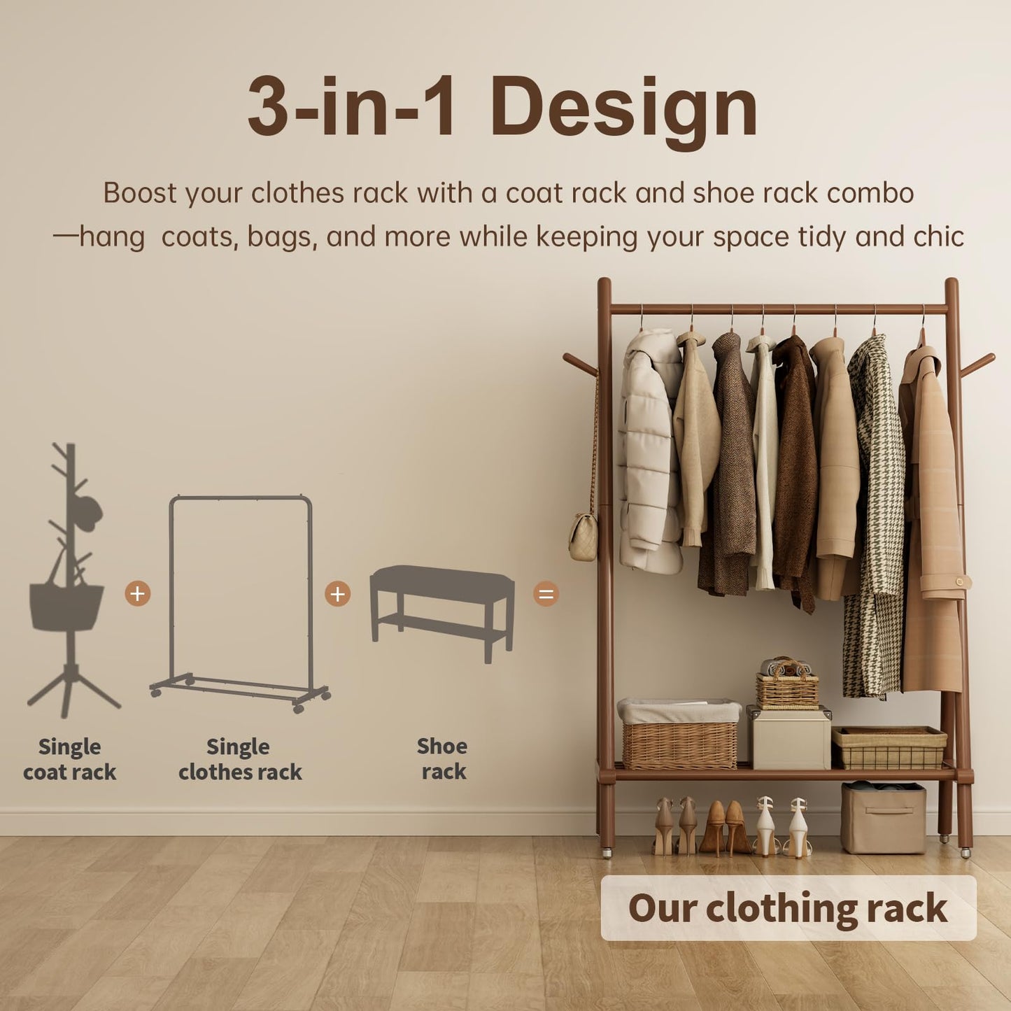 Muwuele Solid Wood Clothing Rack, Rolling Clothes Rack for Hanging Clothes, Garment Rack with Shelves Load 350 Lbs, Portable Closet Organizer on Wheels for Hanging Clothes (Walnut)