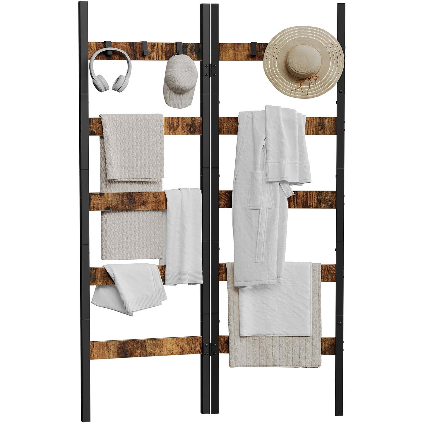 ZIIWIND Foldable Blanket Ladder, 5-Tier Ladder Shelf, Decorative Ladder with 5 Removable Hooks, Wall-Leaning Blanket Holder for Towel, Scarves, Quilt Display Rack for Living Room, Rustic Brown