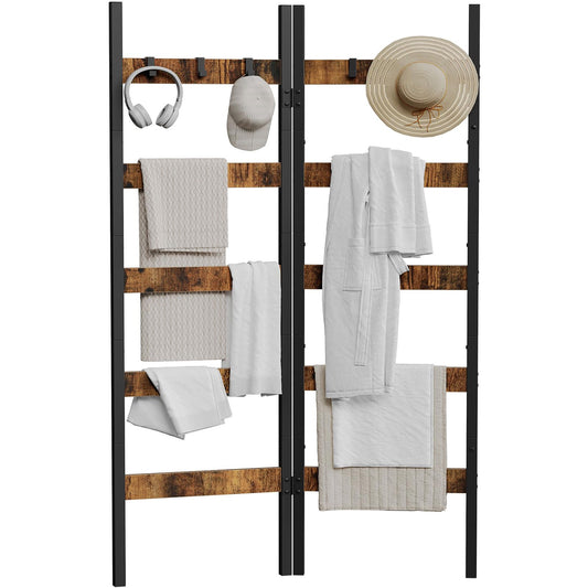 ZIIWIND Foldable Blanket Ladder, 5-Tier Ladder Shelf, Decorative Ladder with 5 Removable Hooks, Wall-Leaning Blanket Holder for Towel, Scarves, Quilt Display Rack for Living Room, Rustic Brown