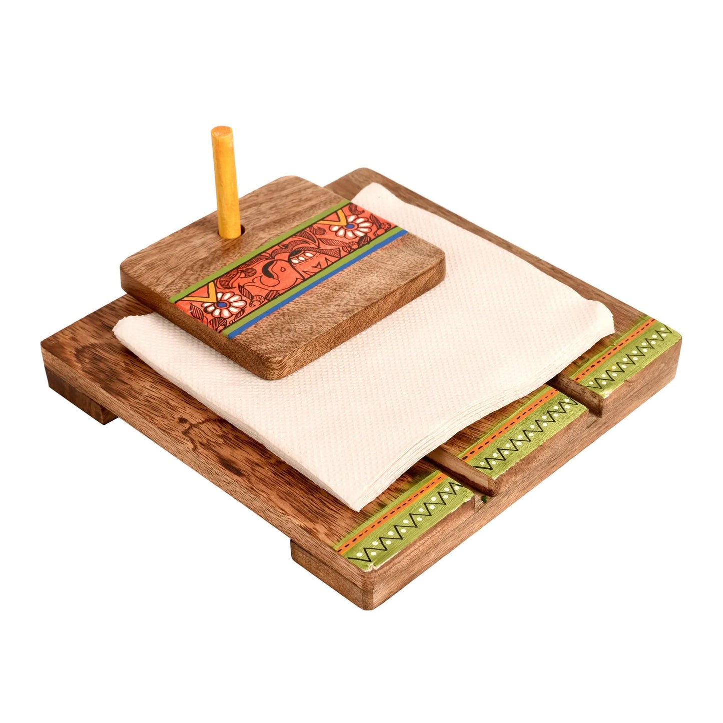 Handcrafted in Wood with Tribal Art Wooden Tissue Paper Holder for Table Kitchen Napkin Stand & Napkin Holder for Dining Table