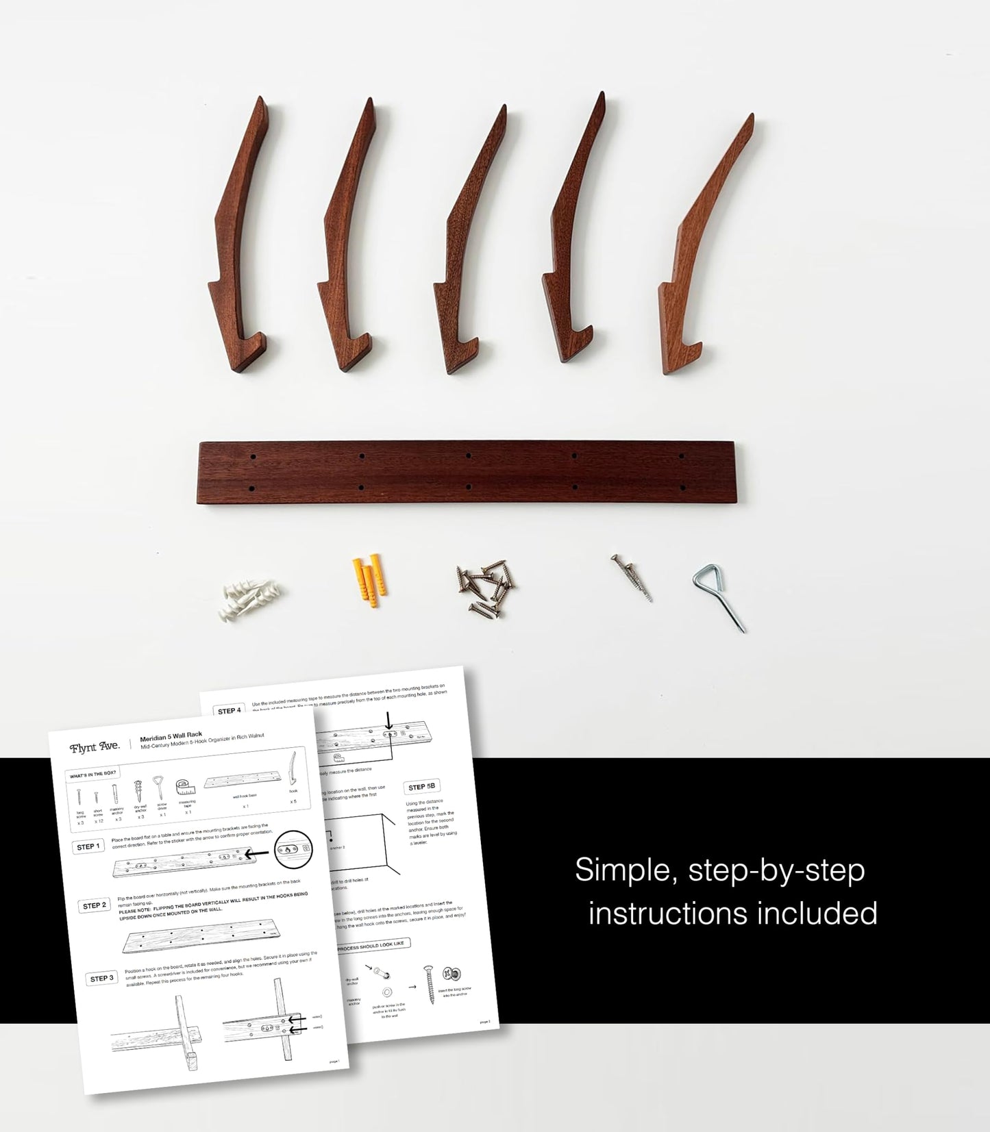 Flynt Ave. Wooden Wall Hook Rack with 5 Hooks, Solid Sapele Wood Coat Rack, Mid-Century Modern Wall Mounted Entryway Organizer, Heavy-Duty 22 lb Capacity