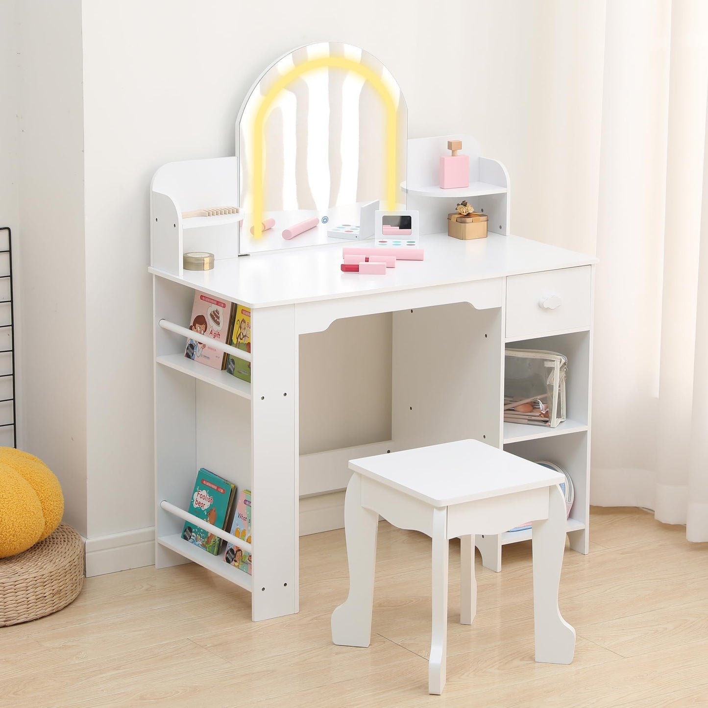 GarveeLife Kids Vanity with Lighted Mirror & Stool, Toddler Vanity Set for Little Girls, Girls Vanity Set with Adjustable LED Light & Bookshelf, Wooden Makeup Playset, (White Ages 3-9)