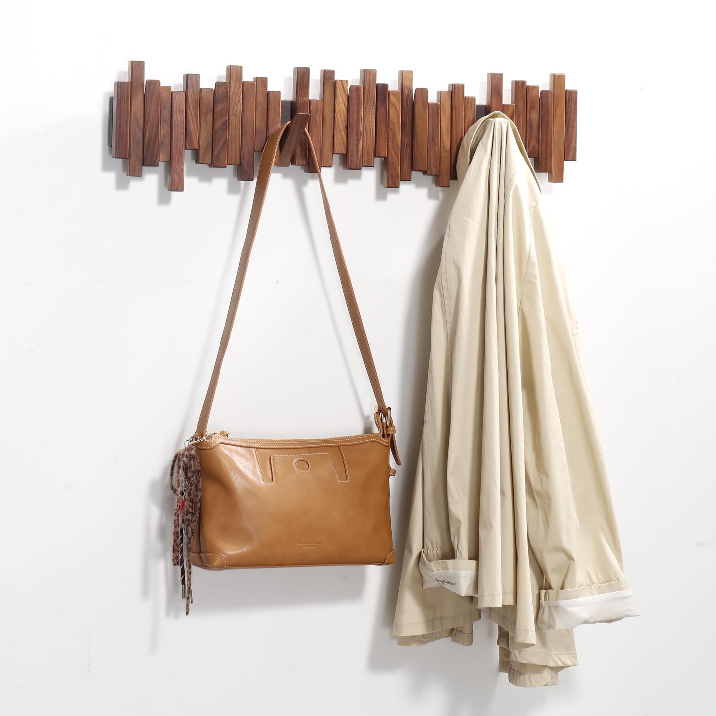 Acsigesn Wooden Coat Rack Wall Mounted Sticks Multi Rack Solid Handmade Natural Walnut Wood Artwork with 7 Flip-Down Unique Modern Hooks for Coats Bag Hat Umbrella