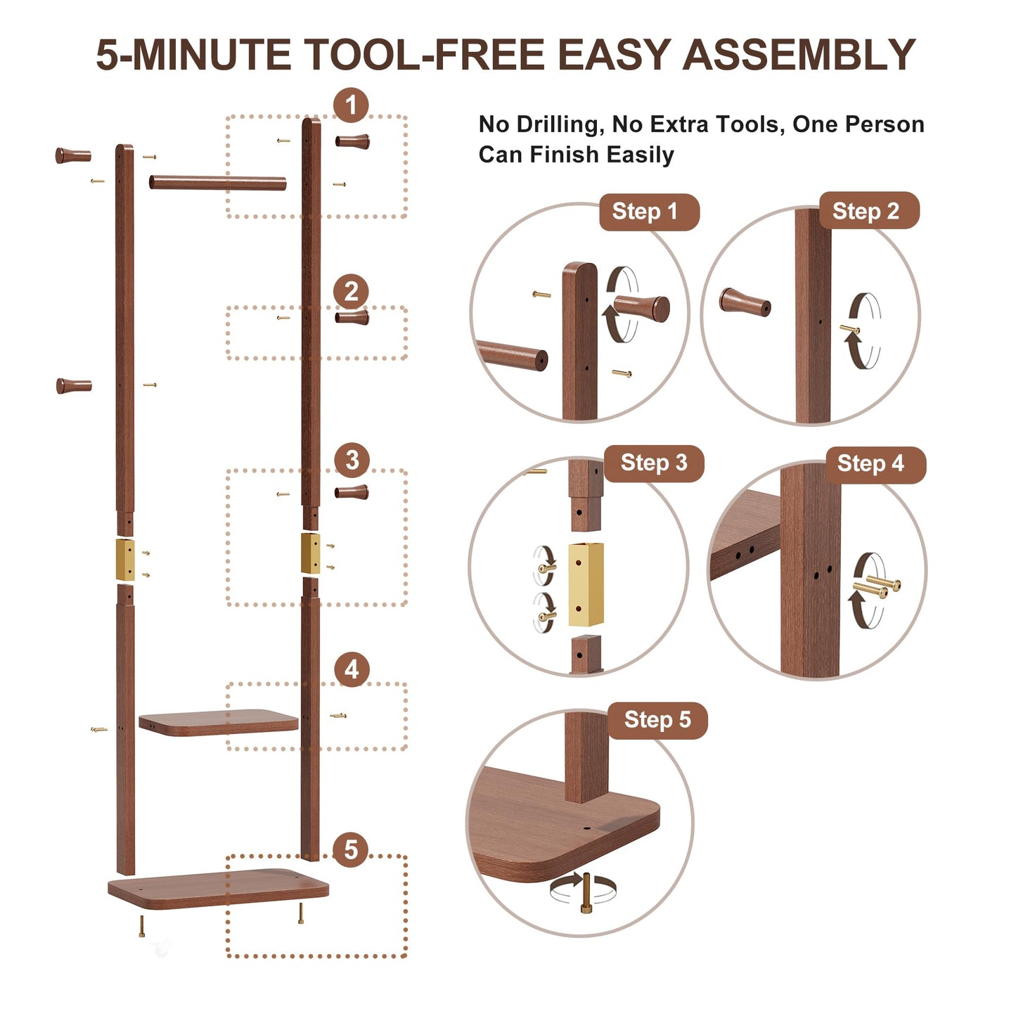 KIRROUS Solid Wood Coat Rack Freestanding, Clothing Rack with 5 Hooks & Bottom Shelf, Heavy Duty Coat Rack Stand for Hanging Clothes, Wood Hall Tree Organizer for Entryway, Bedroom (Walnut Brown)