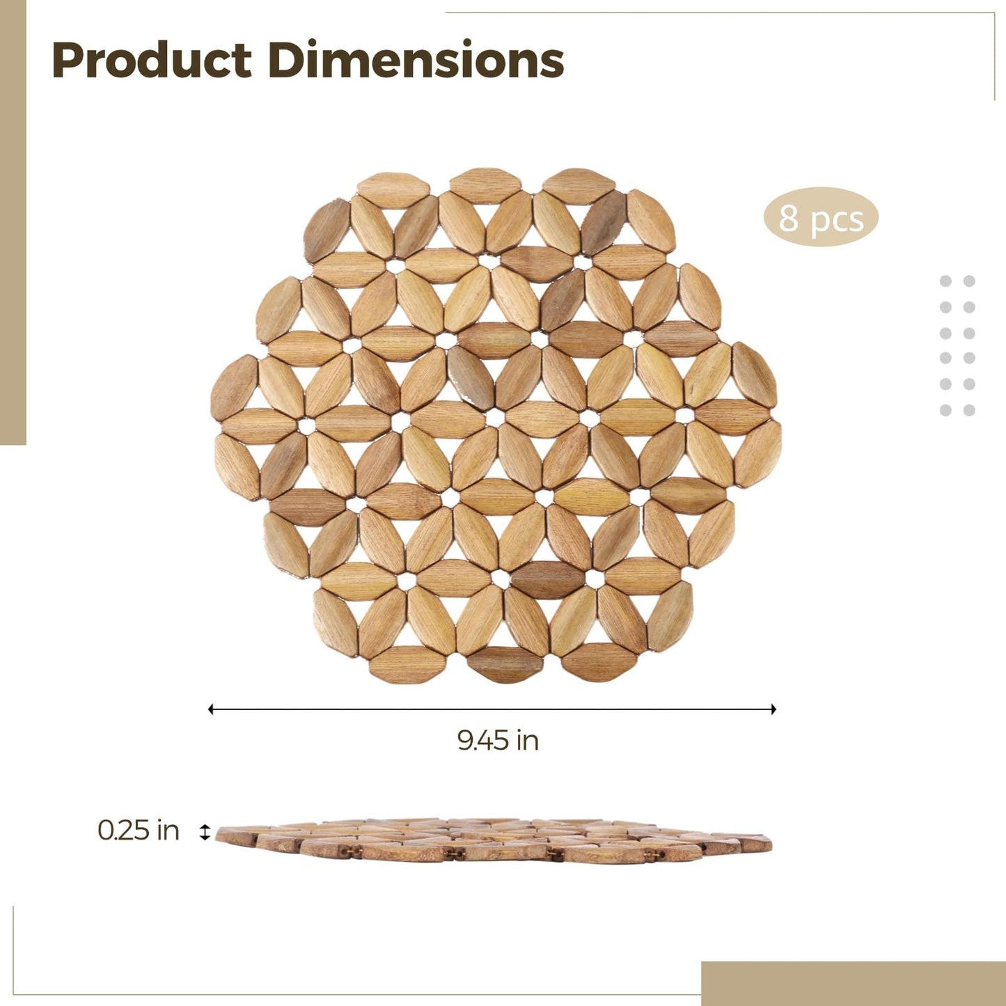 8 Pcs Bamboo Trivet Mat, 9.45 in Heat Resistant Table Protector Mats, Hexagonal Flower Design Hot Pads for Hot Dishes, Tea Coffee Pot, Plates, Pans and Bowls, Dining Kitchen Use