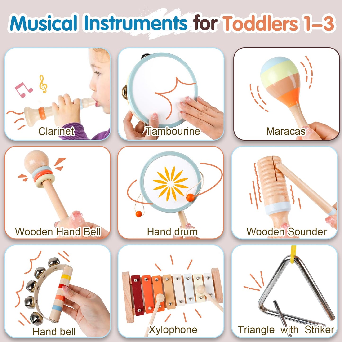 Wooden Toddler Musical Instruments Set, 9PCS Kids Montessori Toys, Baby Toys with Xylophone & Drum, Educational Gift for Ages 3 4 5 6Year Olds