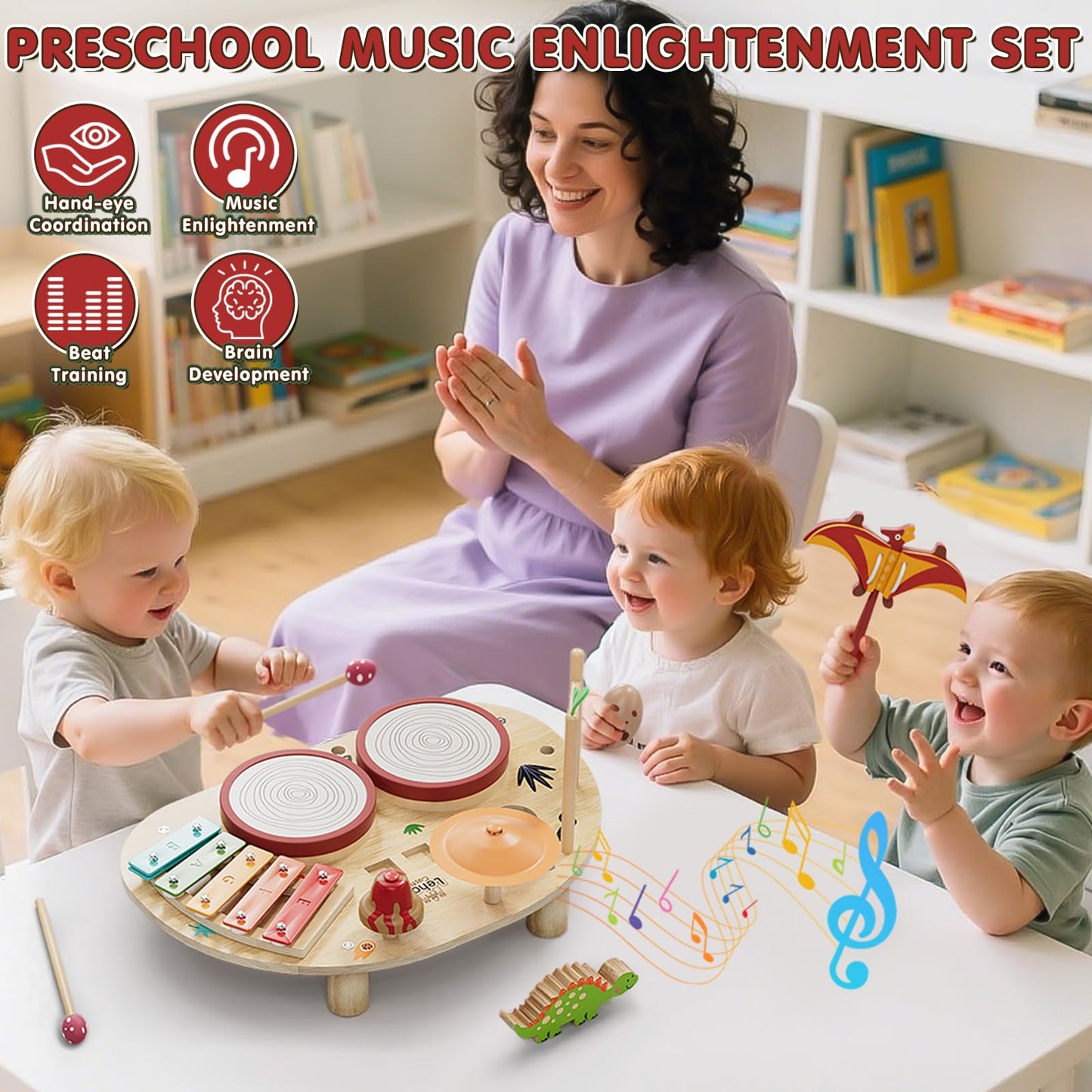 Lehoo Castle Baby Drum Set, Wooden Musical Instruments, Montessori Toys for Toddlers, Percussion Set with Xylophone Maracas Egg Shaker Drum Sticks, Preschool Christmas Birthday Gift