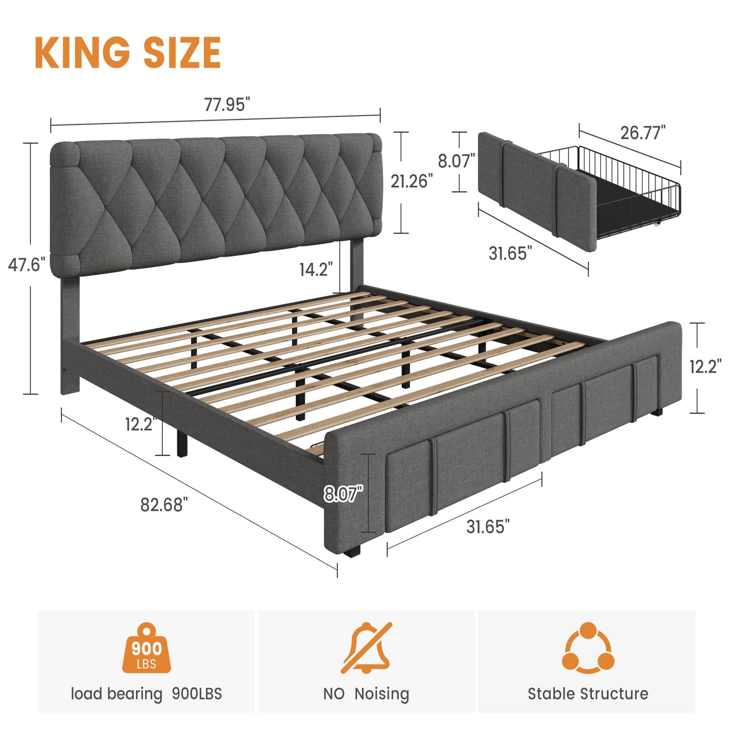 GarveeHome King Size Bed Frame, Upholstered Platform Bed Frame with Storage Drawers, Mattress Foundation with Solid Wooden Slats Support, No Box Spring Needed, Grey