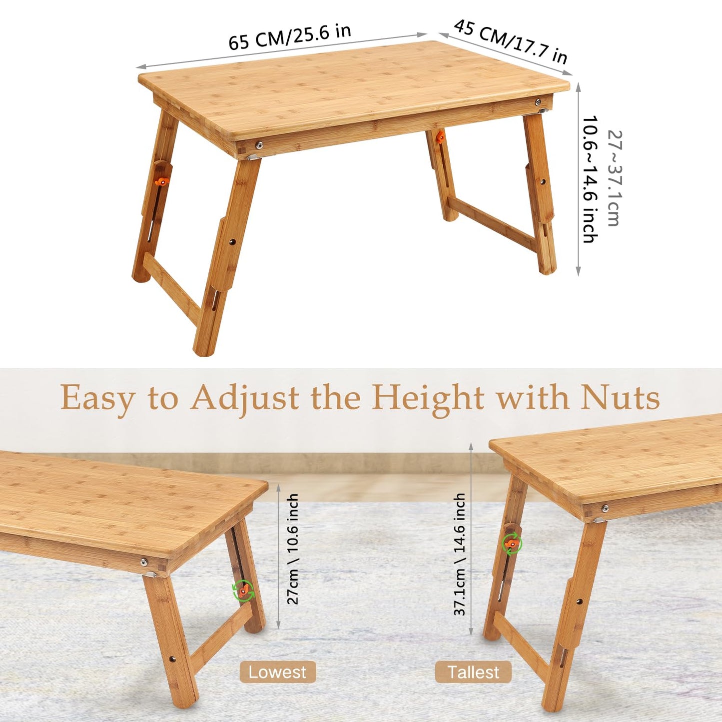 Large Size Laptop Tray Desk Nnewvante 25.6x17.7in Bamboo Floor Desk Low Table Bed Tray Table,Foldable Adjustable Study Writing Gaming Breakfast Serving Floor Table Support 18in Laptop w' 4 Leg Lock