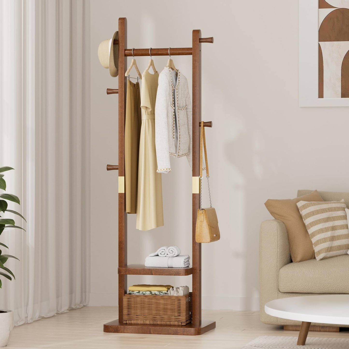 Taitiy Solid Wood Coat Rack, Freestanding Clothing Rack with 2 Shelves Storage & 5 Hooks, Heavy Duty Clothes Rack Stand for Hall, Bedroom, Living Room
