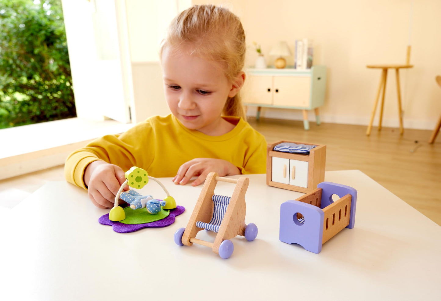 Hape Wooden Doll House Furniture Baby's Room Set with Baby| Pretend Playset for Kid’s Wooden Dollhouse